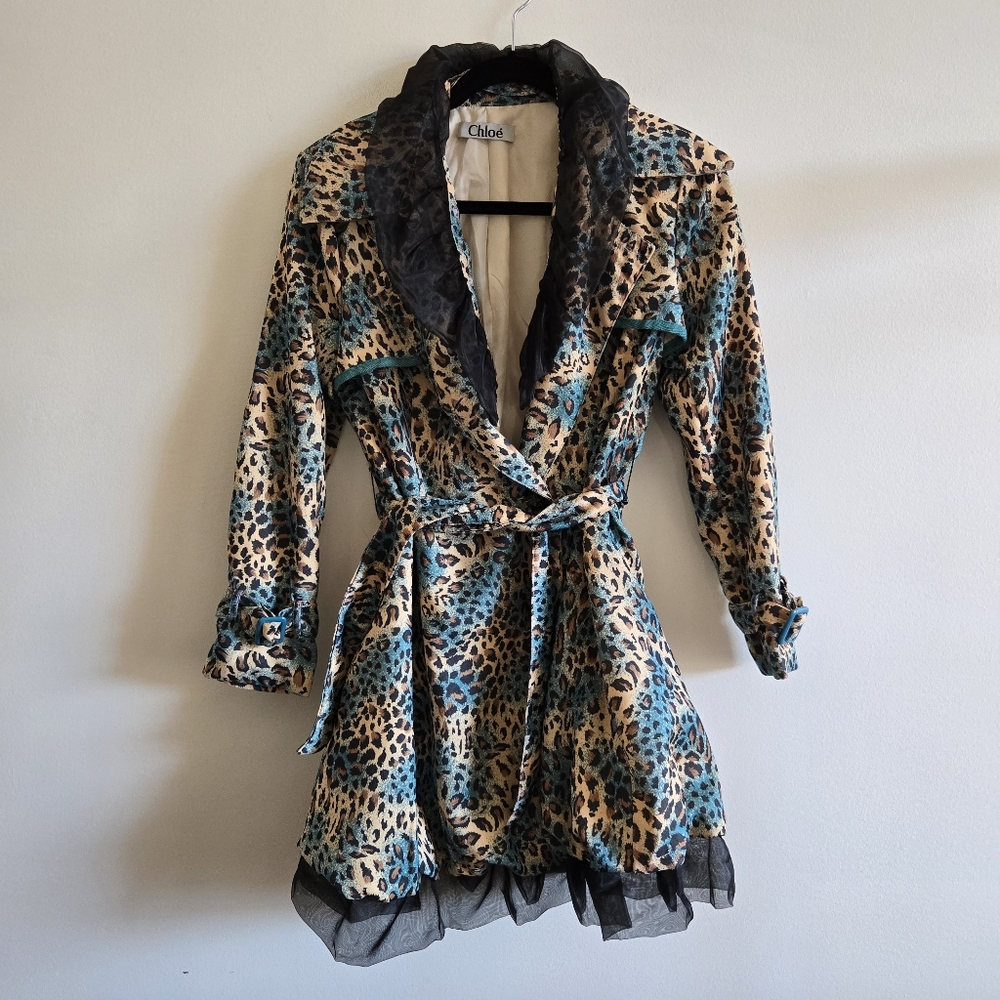 Leopard print trench coat with removable tulle collar and ruffles, tan teal